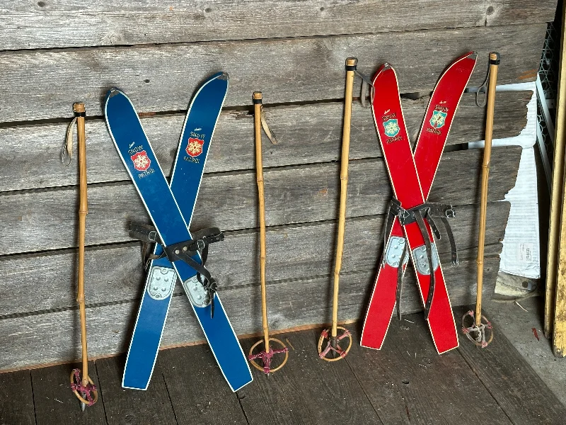 2 Pair of Vintage Childs Snow Patrol Skis (RED/BLUE)